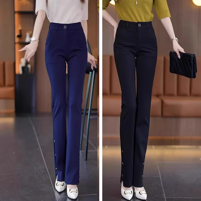 سروال بدلة زرقاء للنساء، ملمس راقي، ثنيات، صغير الحجم، نمط صيفي رقيق، متعدد الاستخدامات، تنحيف، سروال واسع قليلاً