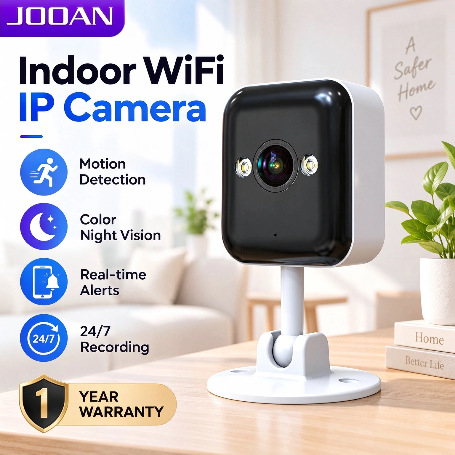 JOOAN 3MP WiFi Security Camera Indoor Wireless Moiton Detect Night Vision Security Home CCTV Surveillance Camera for Baby & Pet