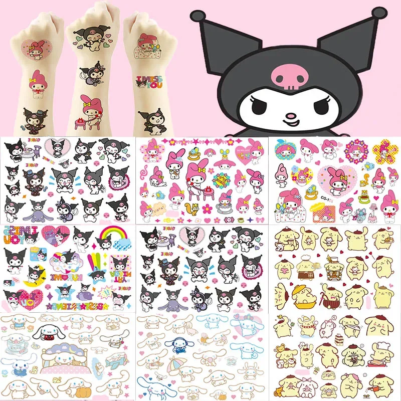 Pegatinas de tatuaje Sanrio de dibujos animados para niños, pegatinas de impresión de transferencia de agua, Kuromi My Melody, juguetes para niños, 1 piezas