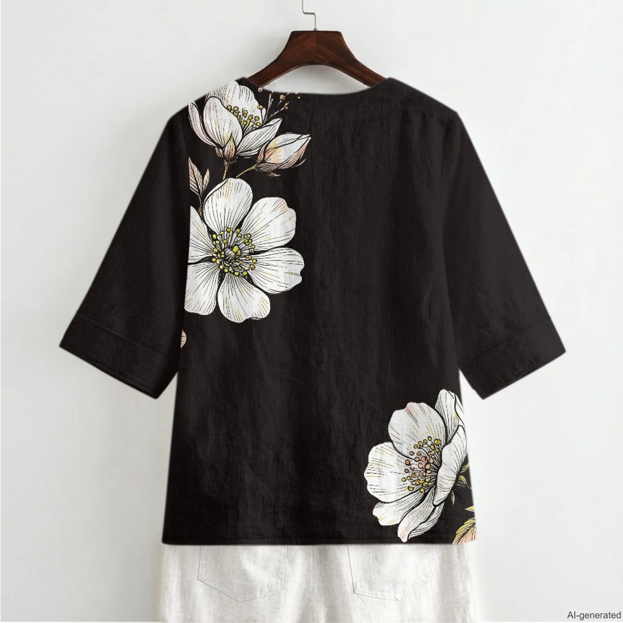 XIXIRIMIDO Women's V-Neck Linen Button Pullovers Short-Sleeved Shirt Hummingbird Flower Print Versatile Tops Loose Basic Summer