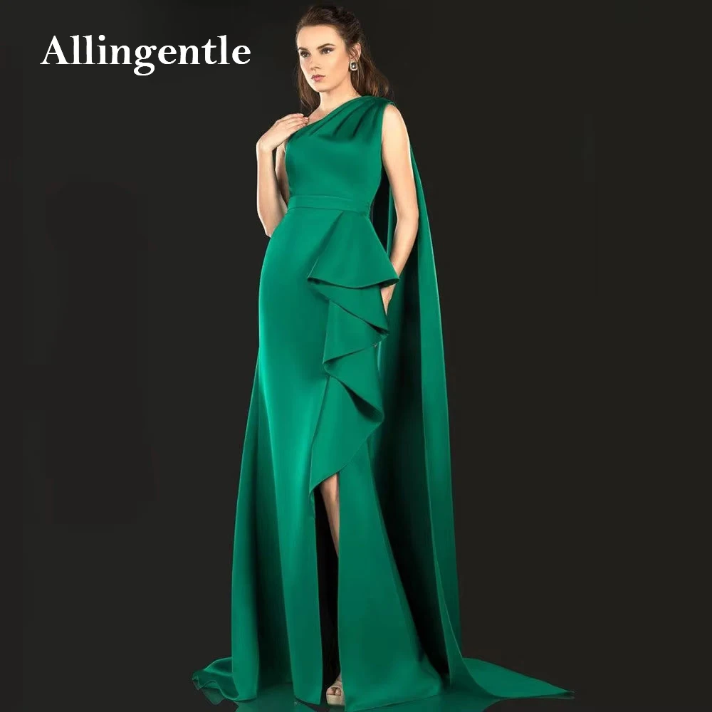 

Green Satin Mermaid Evening Prom Dress Side Slit Ruffles One-Shoulder Women Wedding Party Formal Gowns Sweep Train Customized