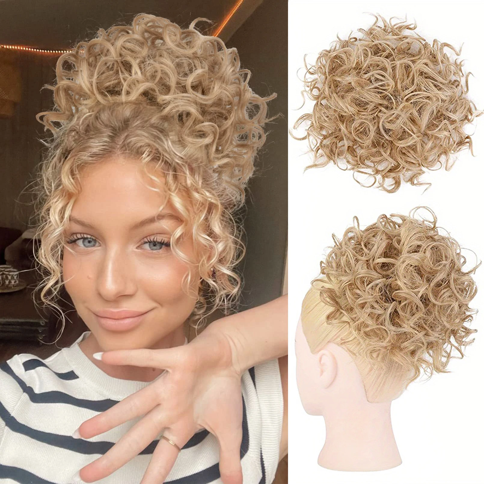 Messy Hair Bun Hair Piece Elastic Drawstring Loose Wave Large Curly Bun 60 Gram Short Synthetic Ponytail Extension For Women