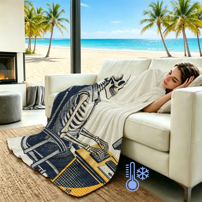 Skeleton Office Worker Cooling Blanket Retro Skull Typing On Computer Print Air Condition Blanket Summer Bedroom Sofa Decor Gift