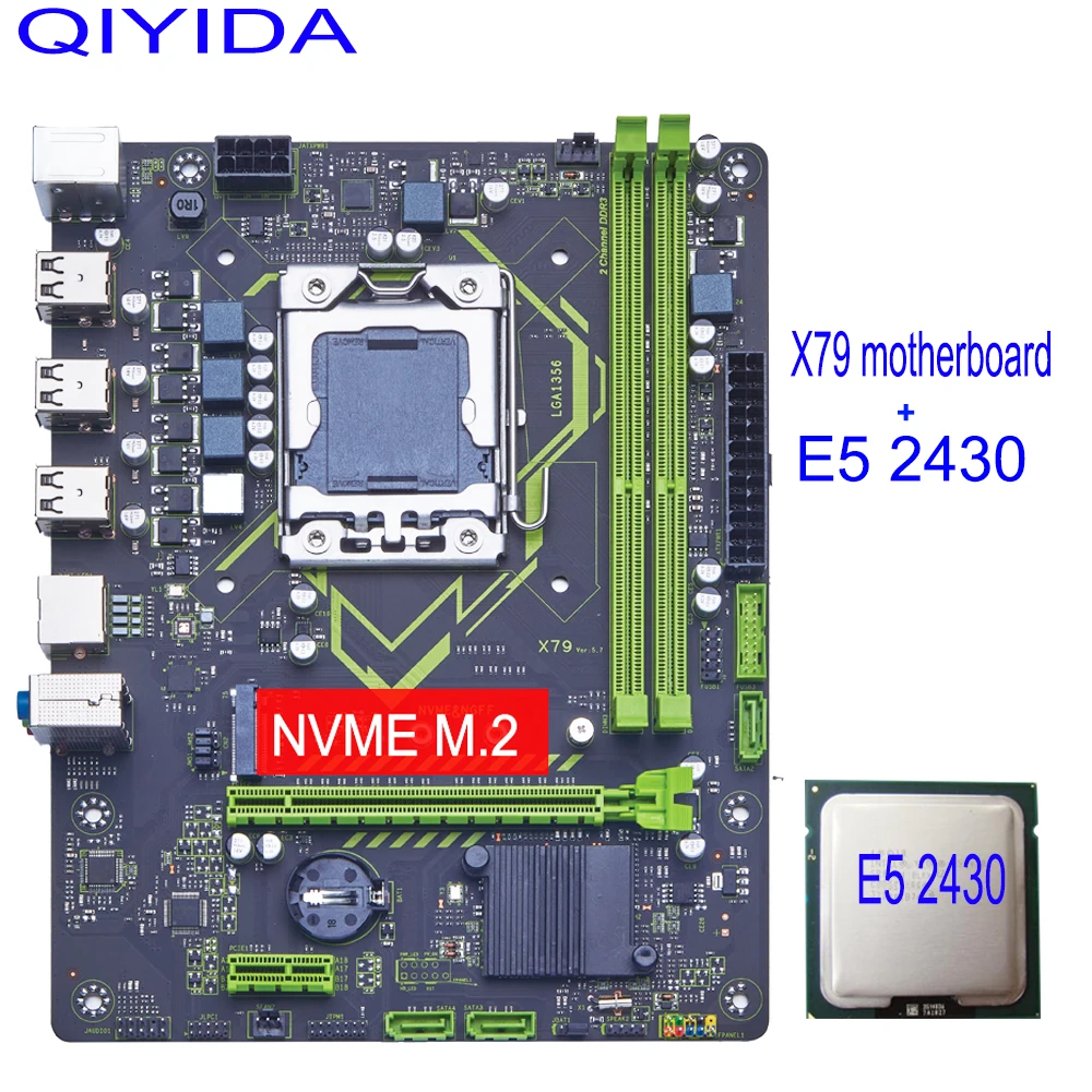 Conjunto de placa-mãe Qiyida X79 com kit combo de CPU LGA 1356 E5 2430, memória RAM DDR3 PC3 ECC REG, NVME NGFF M.2 e TPM2.0