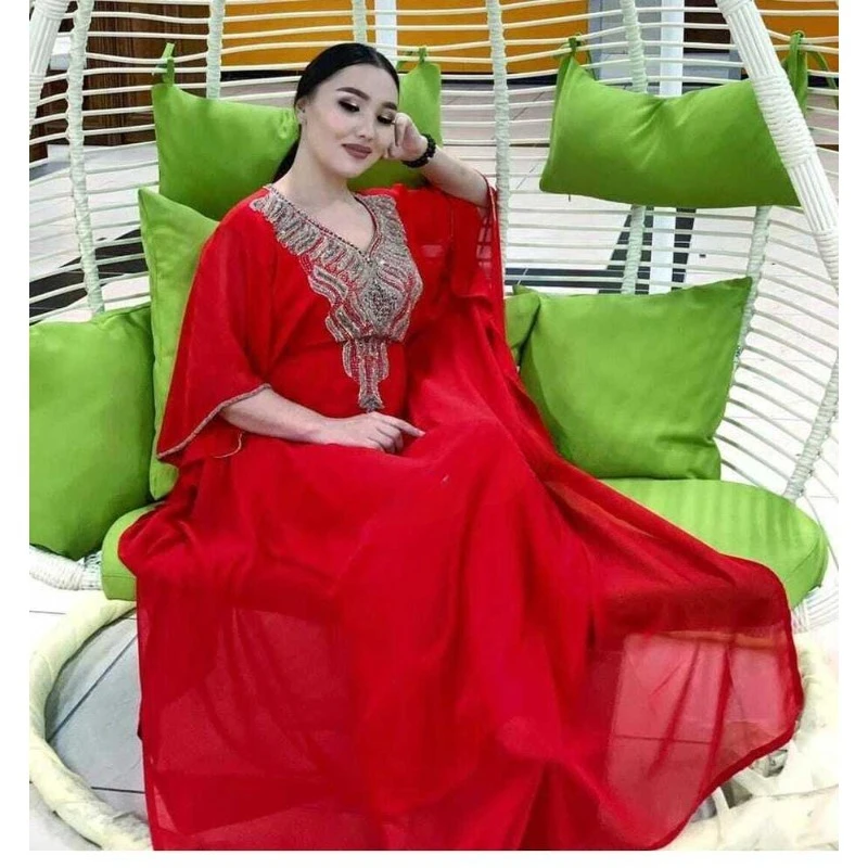 Red Kaftans Farasha Abaya Dress From Dubai Morocco Very Fancy Long Dress with European and American Fashion Trends