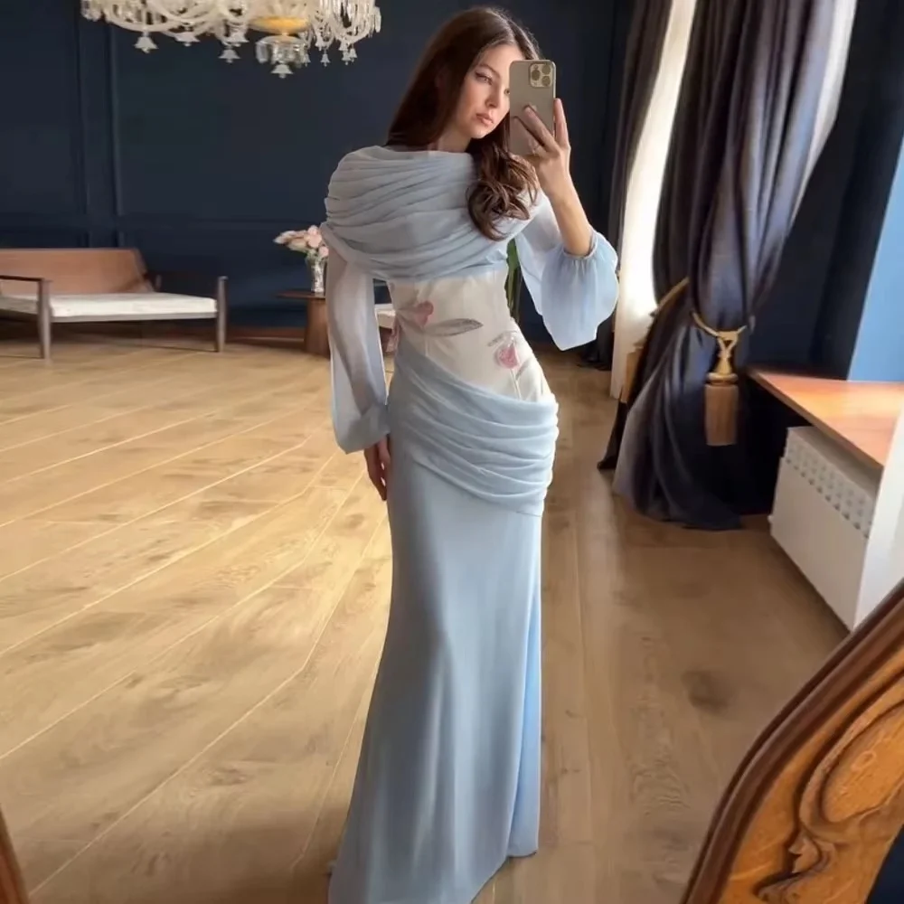 

Mermaid Flower Zipper Evening Dress Charming Customized Exquisite O-neck Prom Dress Long Sleeve Ruched Party Gown вечернее плать