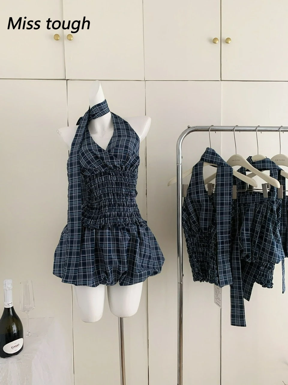 

Summer Women Two Piece Set Plaid Halter Top with High Waist Bubble Skirt Sleeveless Slim Fit Chic Matching Outfits Youth Style