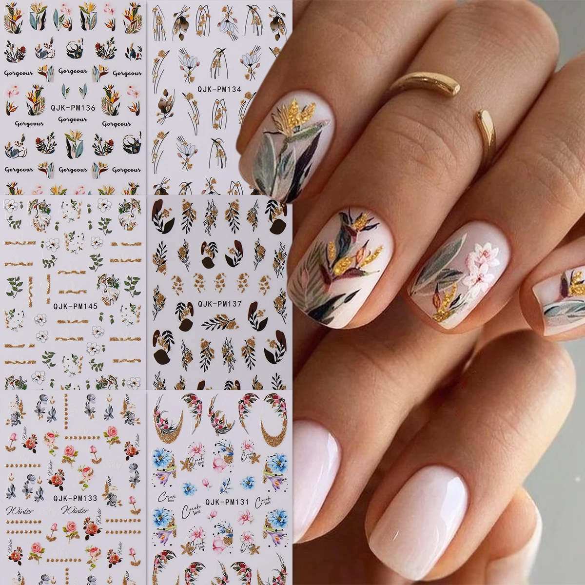 6pcs spring flower and grass glitter nail art stickers, art stickers, easy to apply nail decoration, DIY, gift, wedding party