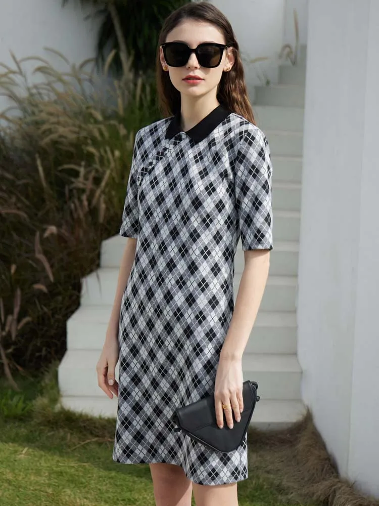 AMII Minimalism Dress for Women 2023 Summer Dresses New POLO Collar Plaid Straight Knit Skirt Chinese Dress Vestidos 12321011