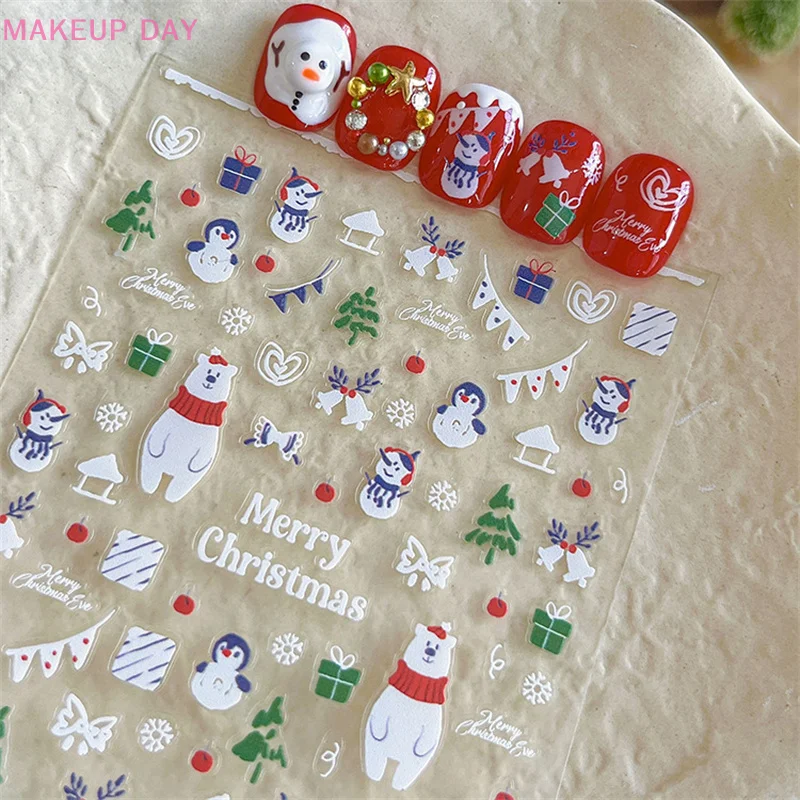 Autocollants adhésifs pour ongles de Noël, décalcomanies avec ours blanc, bonhomme de neige, dessin animé mignon, décoration d'ongles, fournitures de salon