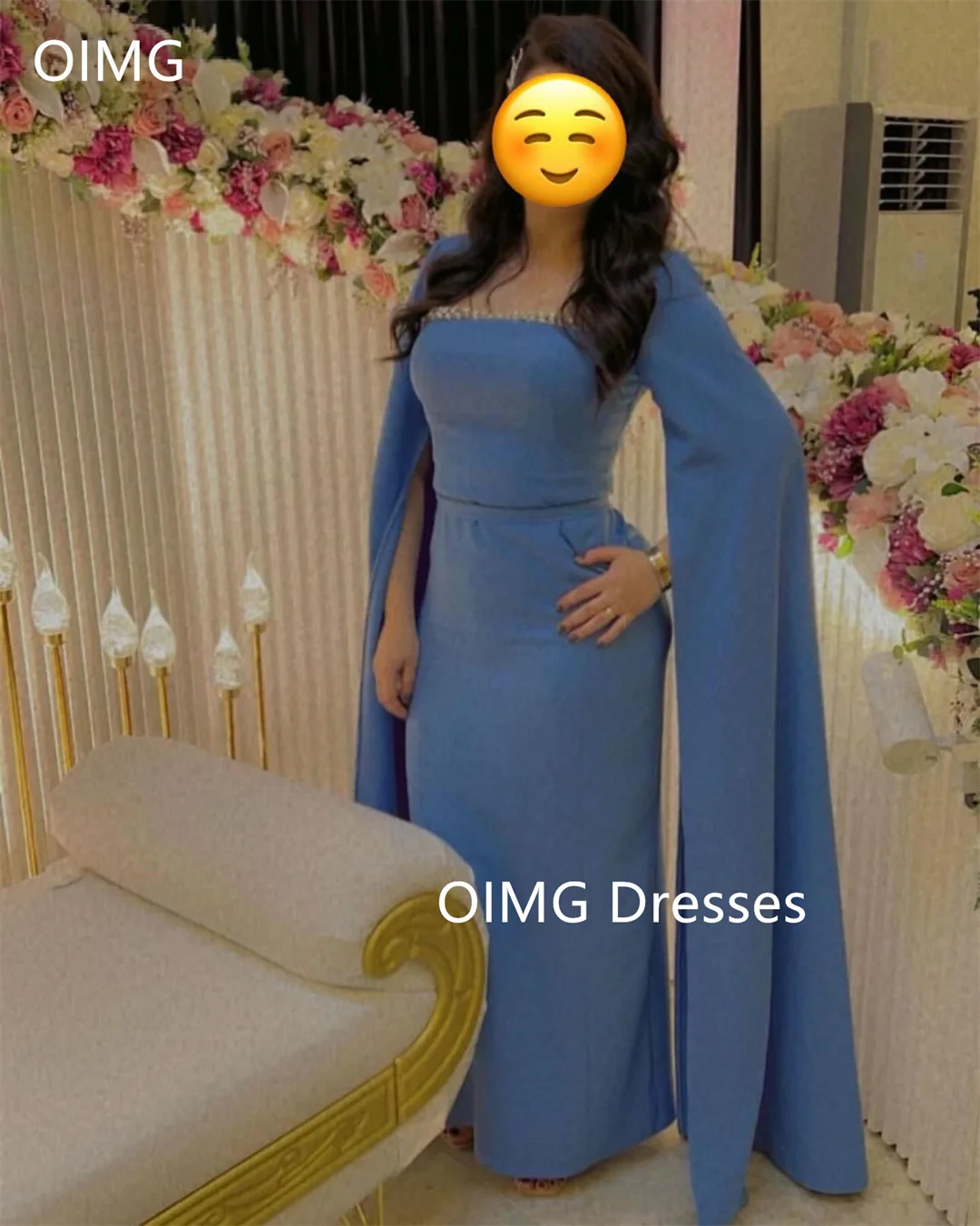 

OIMG Fashion Saudi Square Collar Modest Vintage Prom Dresses Long Cape Sleeves A-Line Crystals Evening Gowns Formal Party Dress