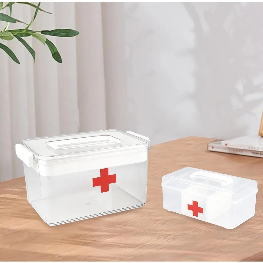 Home First Aid Box and Travel Medicine Storage Box Plastic Medicine Kit Case Container Empty Medical Box with Lock Lid Handle E