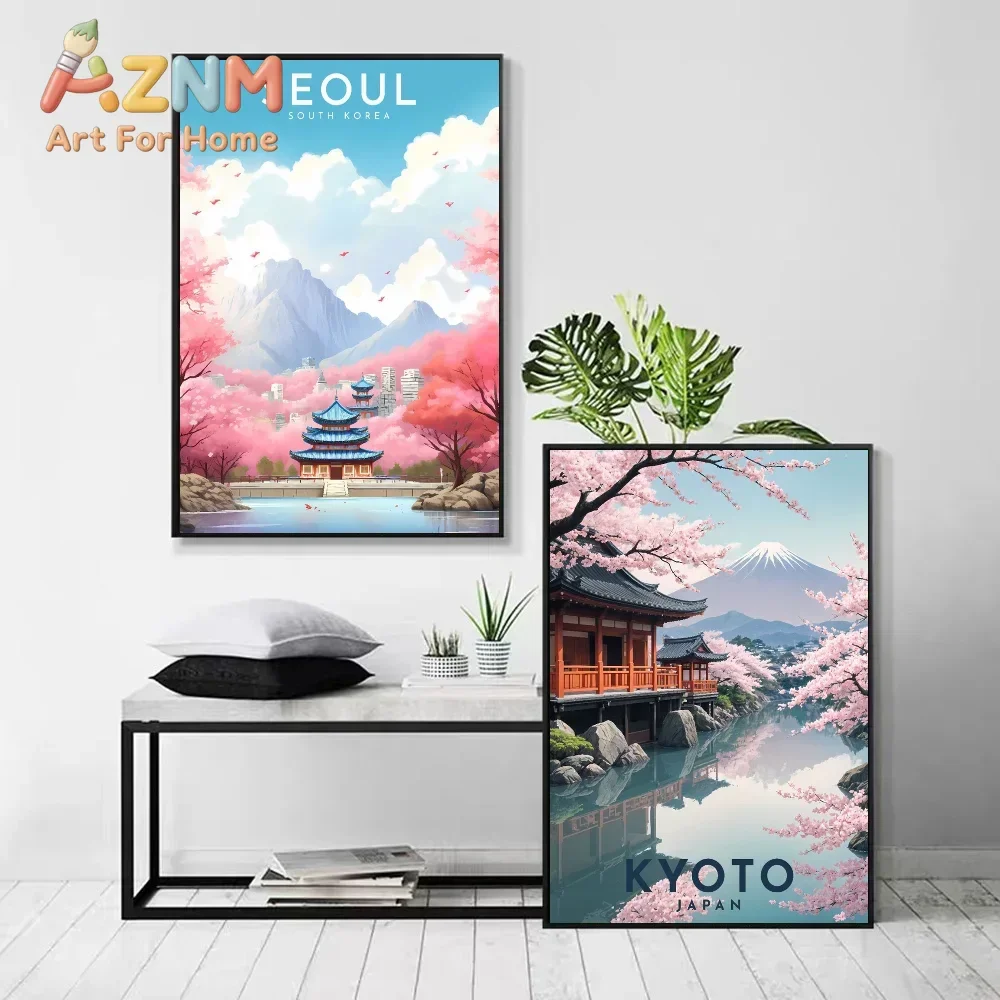 Korean Urban Landscape Tourism Canvas Poster Japan Tokyo Cherry Blossom Wall Art Poster for Modern Living Room Home Decoration