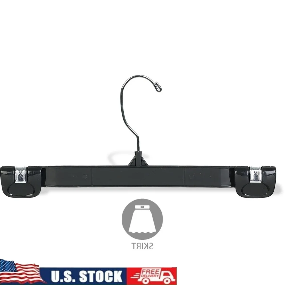 

Heavy Duty Black Plastic Hangers with Grip Lock Clips 10 Inch Flat Body Swivel Hook Pants Skirts Shorts Swimsuits Box of 200