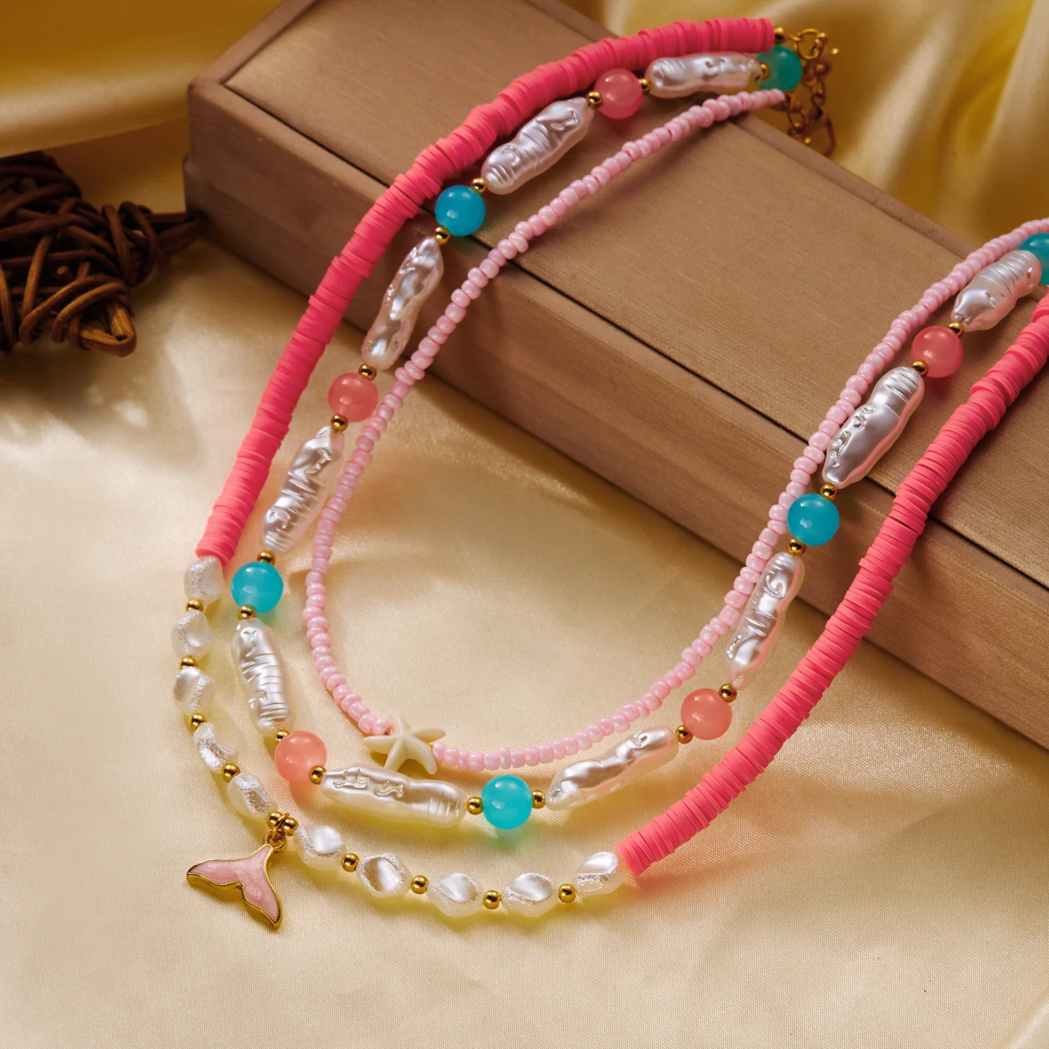 Böhmische Strandmuschel-Perlenkette für Frauen, handgefertigte Imitationsperlen-Kette mit Seestern-Anhänger, Urlaubsparty-Schmuck – Detail 5