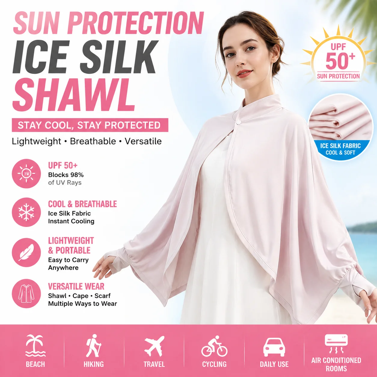 Sunscreen jacket shawl style sun shading summer cycling anti UV ice silk cover shirt breathable loose collar one-piece sleeve
