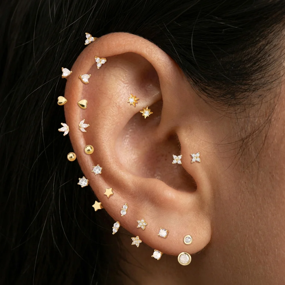 ROXI 1PC S925 Sterling Silver Multi Style Tiny CZ Tragus Stud Star Heart Square Cartilage Piercing Cute Earring Daily Party Wear