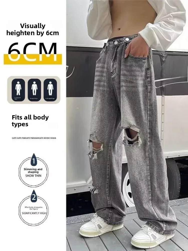 American Style Women's Distressed Denim Jeans Spring Summer Trendy High Waist Wide Leg Street Style Nine Point Pants Cool Fee...