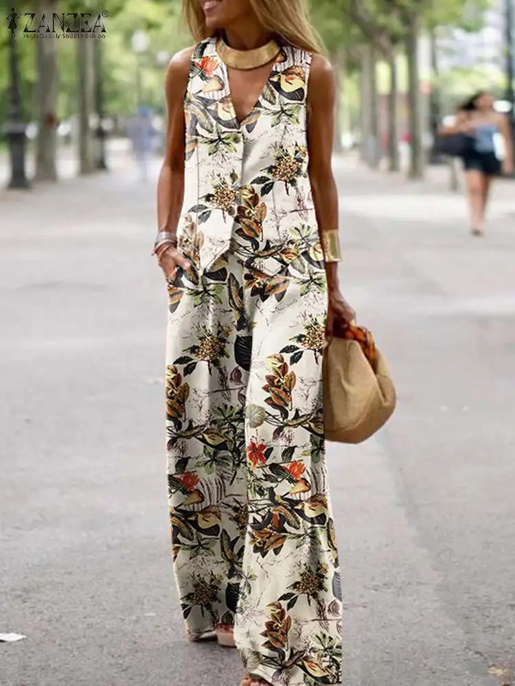 Bohemain Tracksuits Fashion 2pcs Women Wide Leg Pant Sets ZANZEA Summer Sleeveless Vest Tops Trousers Suits Floral Matching Sets