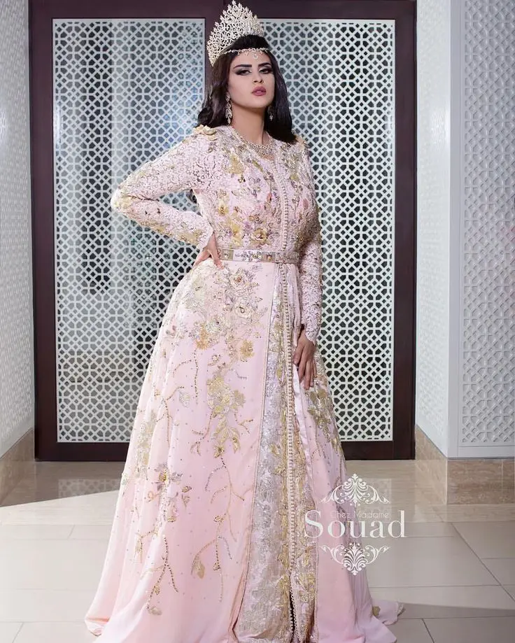 Pink Moroccan Kaftan Muslim Evening Dresses A-line Long Sleeves Appliques Lace Dubai Arabic Turkey Caftan Abaya Islamic Gown