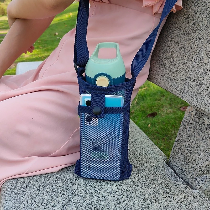 Mesh Water Pouch with Adjustable Straps Portable Water Bottle Crossbody Bag for Travel Water Cup Protective Bag