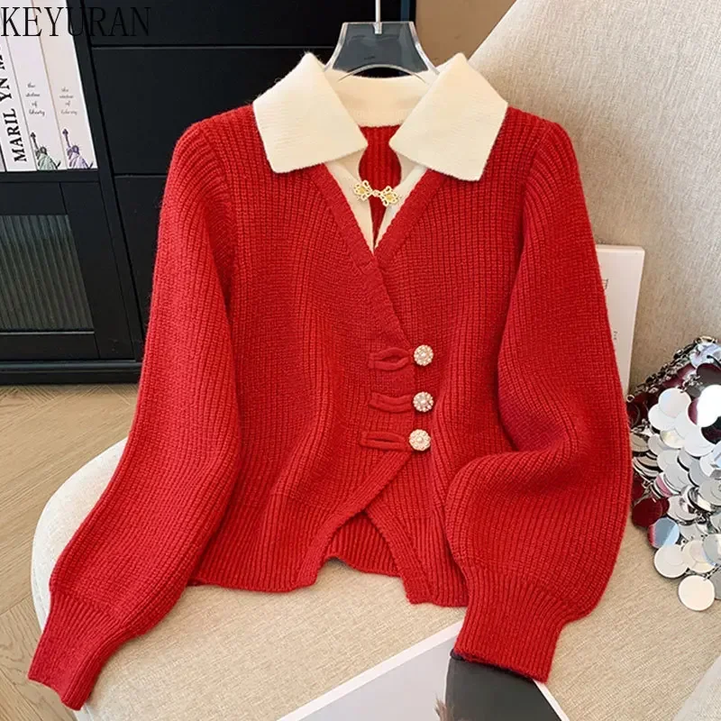 2024 Autumn Winter Polo Collar Spliced Fake Two Piece Knitted Cardigans Sweater Women\'s Vintage Long Sleeve Knitwear Tops Jumper