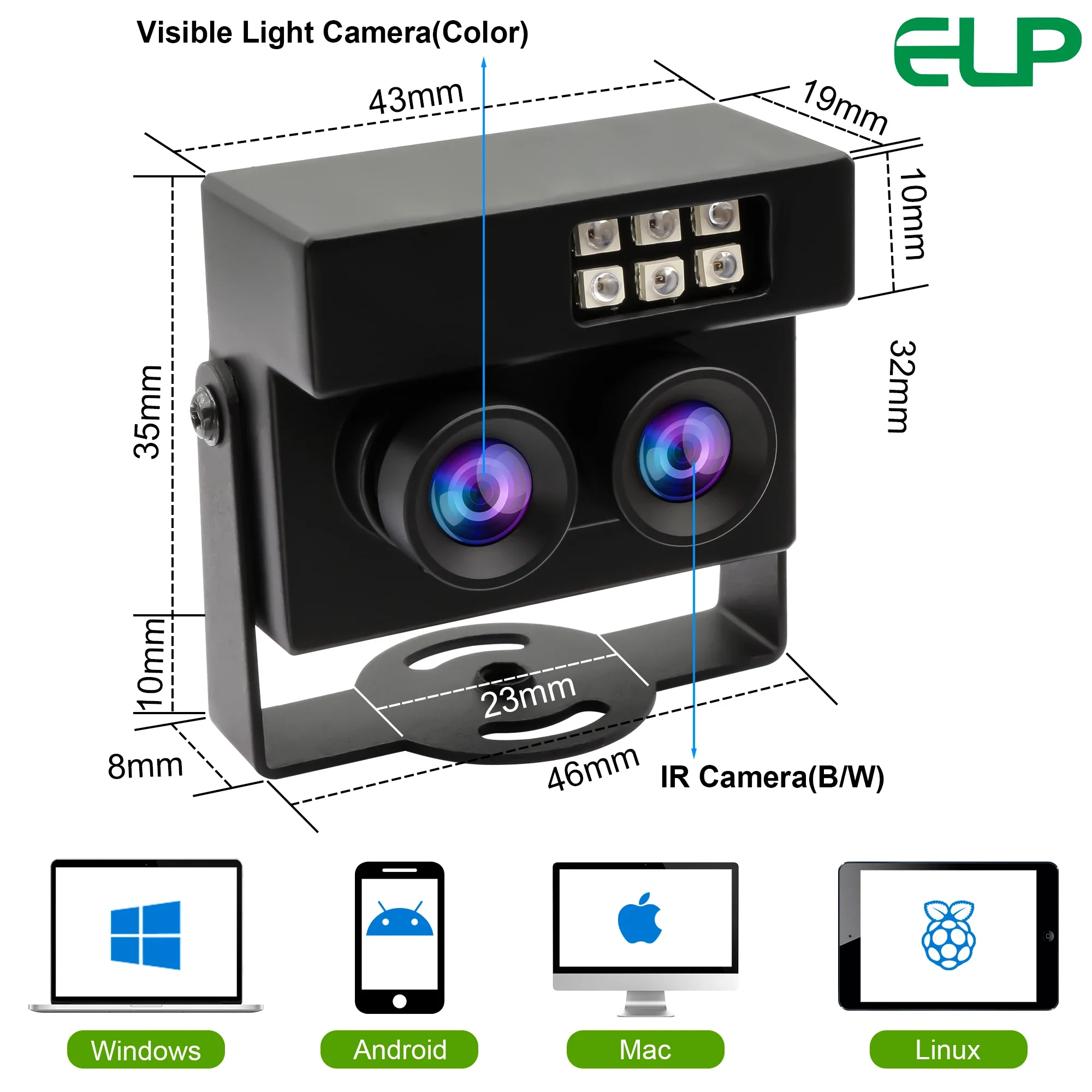 Best Seller Non Distortion Dual Lens USB2.0 Camera HD 1080P OTG UVC Plug Play RGB B/W Output Infrared USB Webcam For Android Lin