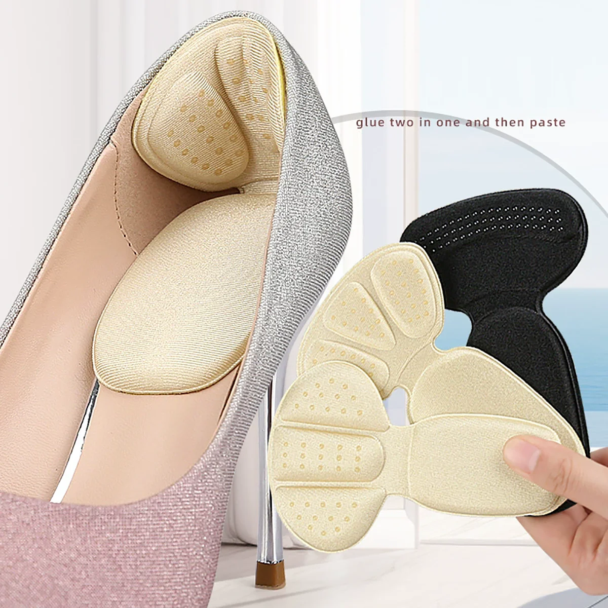 2 Pack T-shaped Heel Cushion Pads, Soft Breathable Heel Liners with Anti-slip Dots, Self-adhesive Shoe Inserts for Sneakers & W