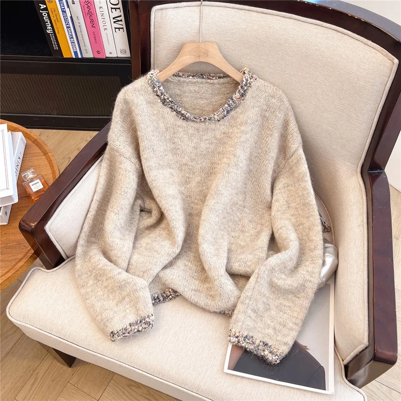 

2025 Korean Casual Sweater Women O Neck Solid Spliced Knitted Top Office Lady Vintage Chic Pullover
