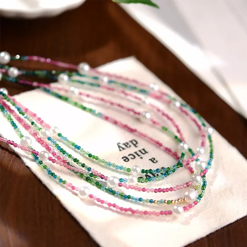 Crystal necklace new Chinese style color tip crystal gradual change pearl neck chain color dopamine cute girl pendant
