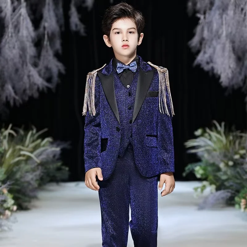 Children Formal  Tuxedos Suit Blue Shiny Dress Suit sets Size 2years -16 years Piano Performance Birthday Party Costume blazer