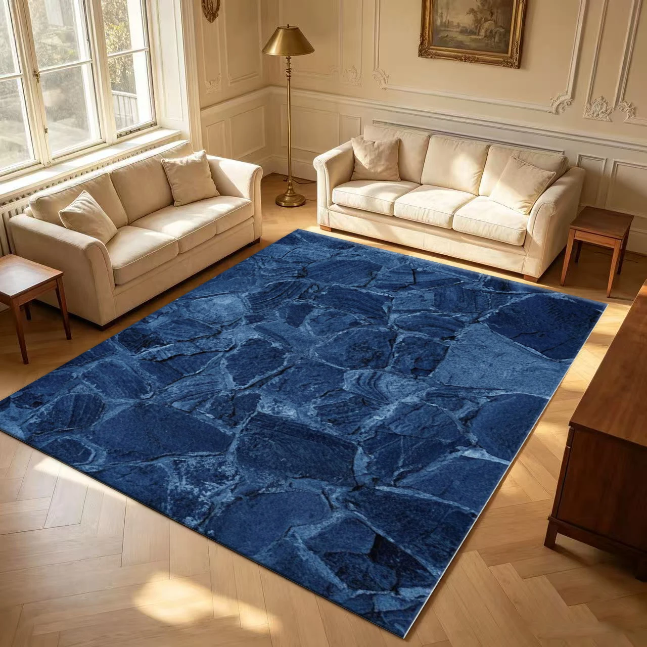 Dark Blue Stone-Patterned Texture Carpet Floor Mat, Non-Slip, Suitable for Indoor Home Living Room Decoration