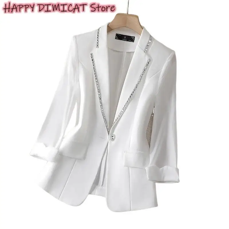 Women's Fashion Thin Black Cardigan Autumn  Women's Blazer Paillettes Femme Summer Sunscreen Jacket White New Suit Jacket