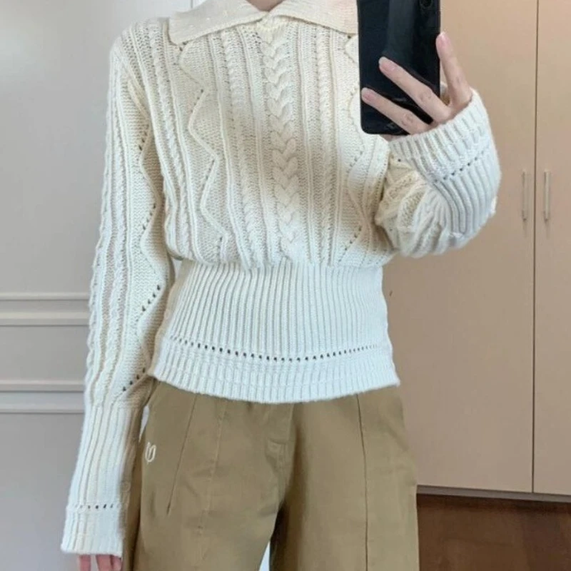 

Korean Lapel Design Twisted Floral Sweater Women's Autumn and Winter Hem Waist Winter Knit Top