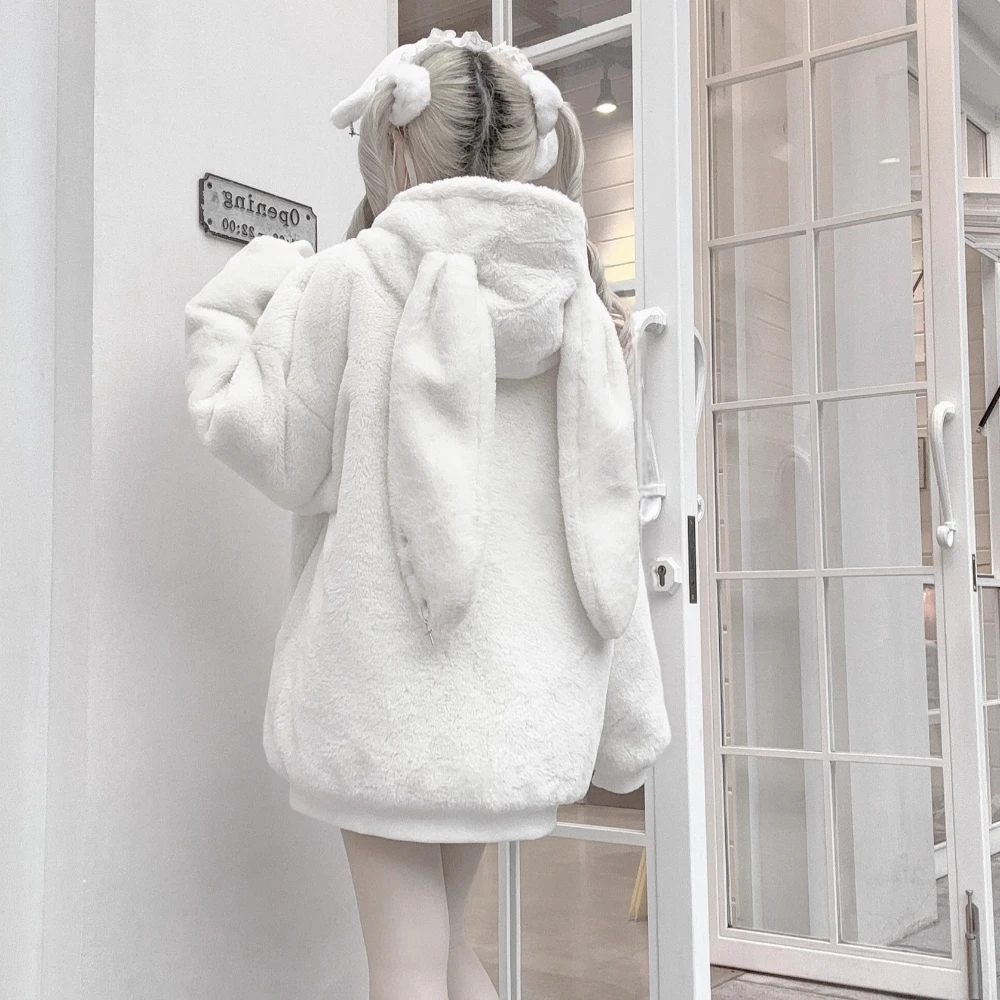 2025 الشتاء الأصلي اليابانية لوليتا معطف فروي أرنب الأذن مقنعين سستة بولي Buckle مشبك فضفاض تنوعا سميكة أفخم سترة للنساء #2