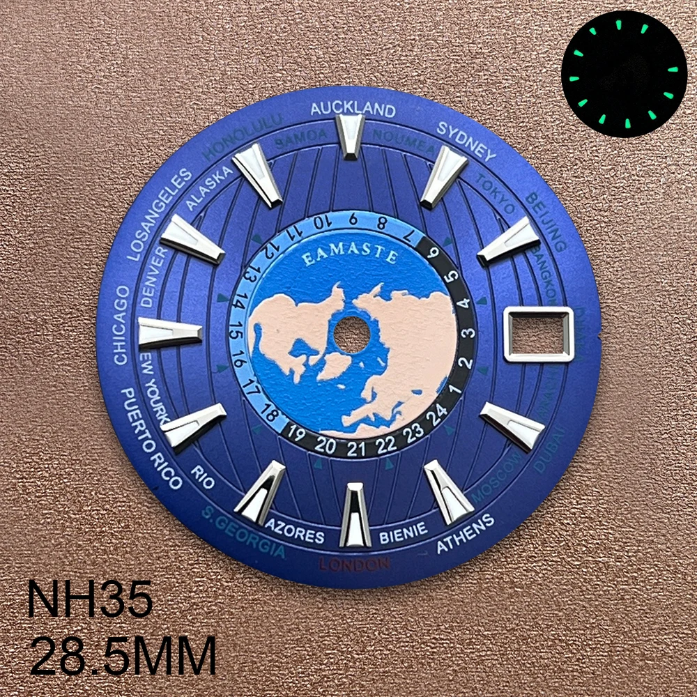 28.5mm S Logo World Dial Suitable For NH35/NH36 Movement Green Luminous Quality Dial Watch Modification Accessories