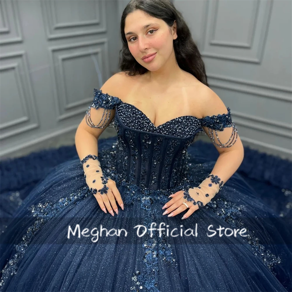 

Бальные платья Темно-синие платья Quinceanera Аппликации из бисера Цветы Кристаллы Vestidos 15 лет 16 лет на заказ