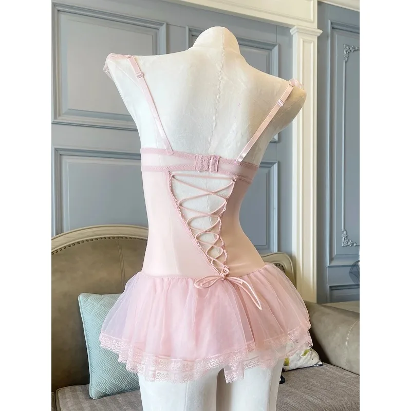 Conjuntos de sujetador y bragas para mujer, corsé de espina de pescado, lencería de encaje con tirantes, pijamas finos de realce con almohadillas para el pecho, ropa interior para adultos