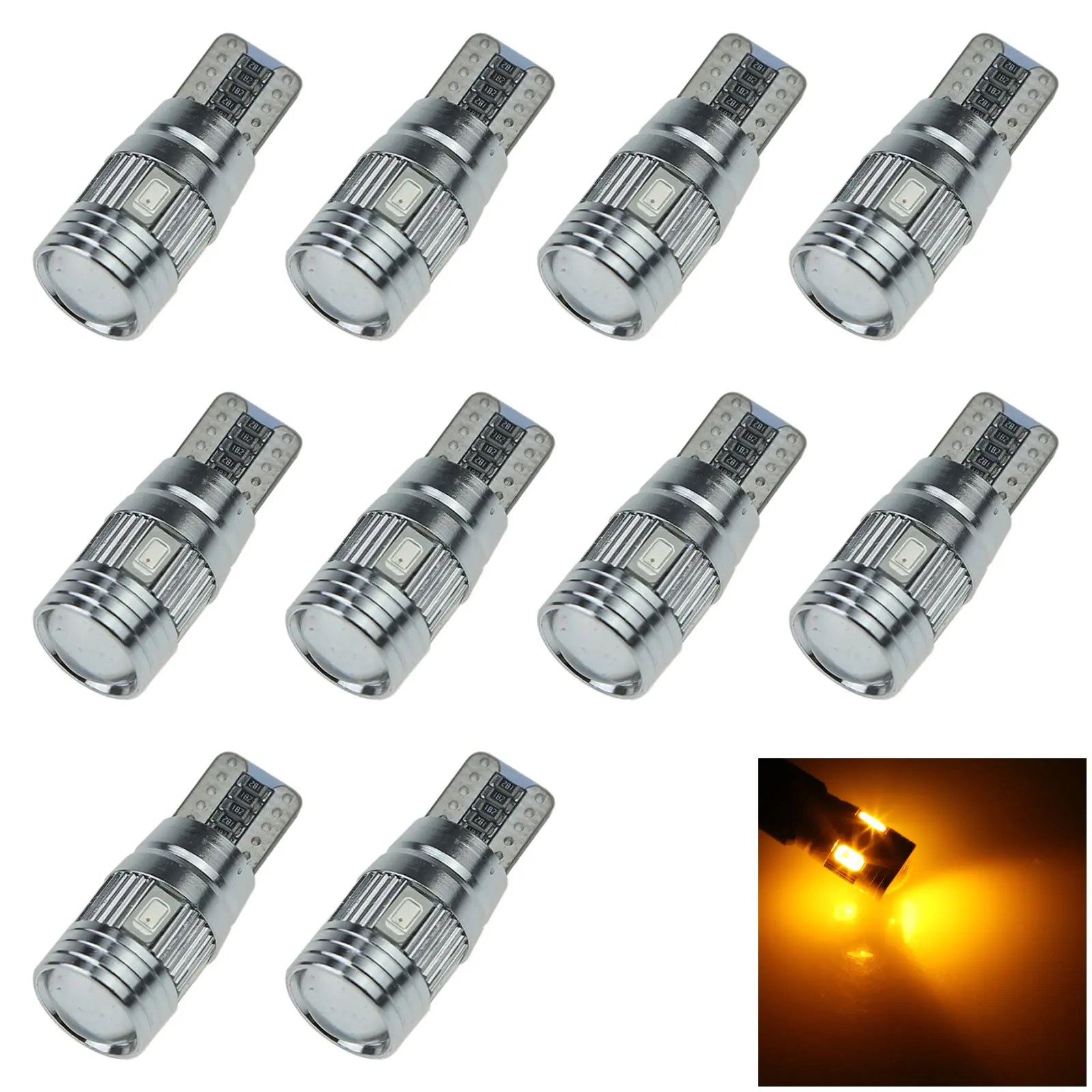 

10x Yellow Auto T10 W5W Wedge Light Parking Bulb Canbus Error Free 6 Emitters 5630 SMD LED 159 161 168 2521 A130-Y