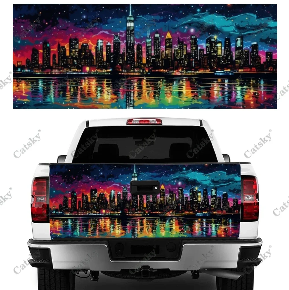 Colorful Night With Cityscape Truck Tailgate Wrap Professional Grade Material Universal Fit for Full Size Trucks Weatherproof