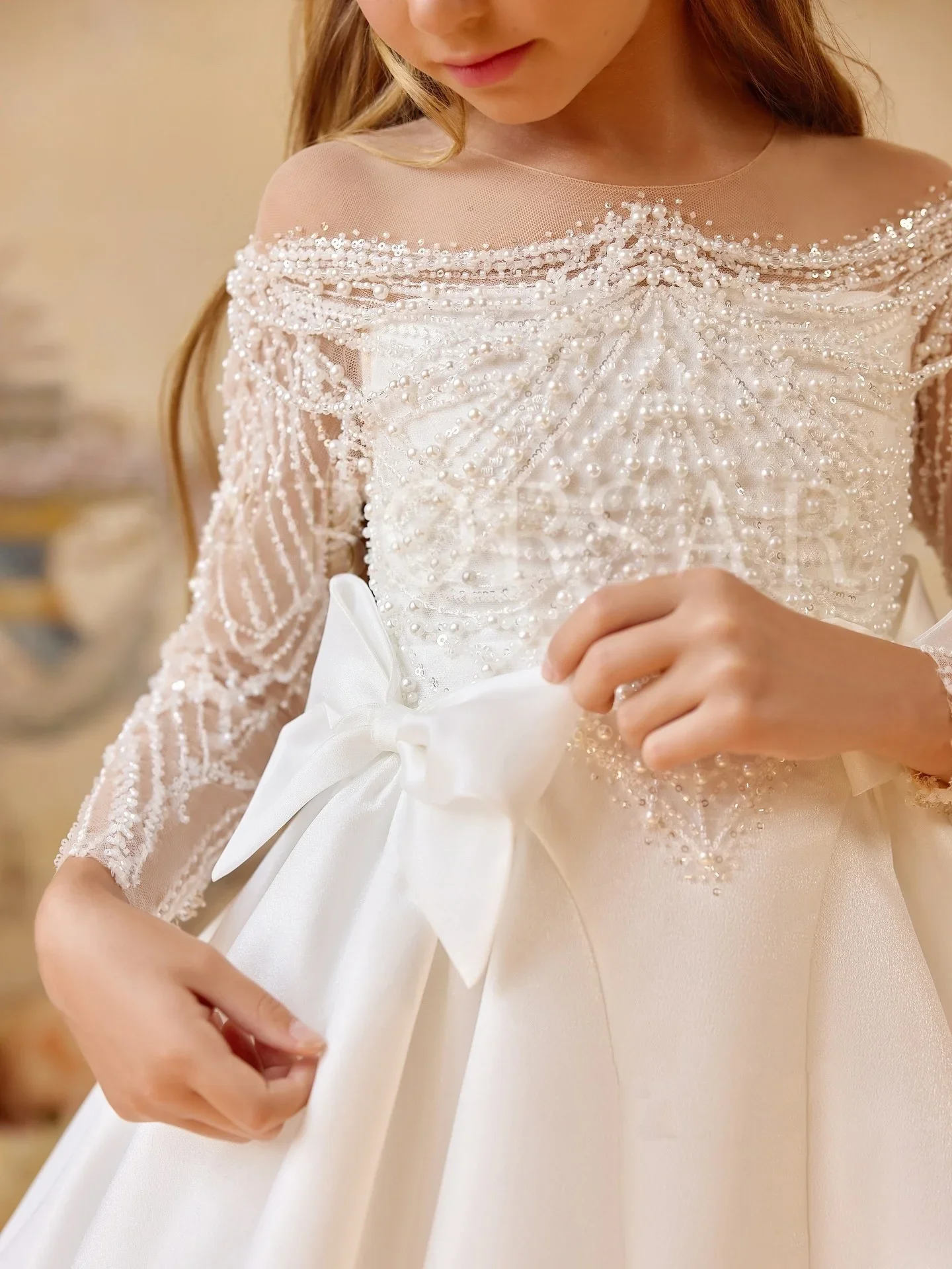 Custom Flower Girl Dress for Wedding First Christmas Party with Sheer Neckline Beaded Long Sleeves Satin Bows and Trailing Train