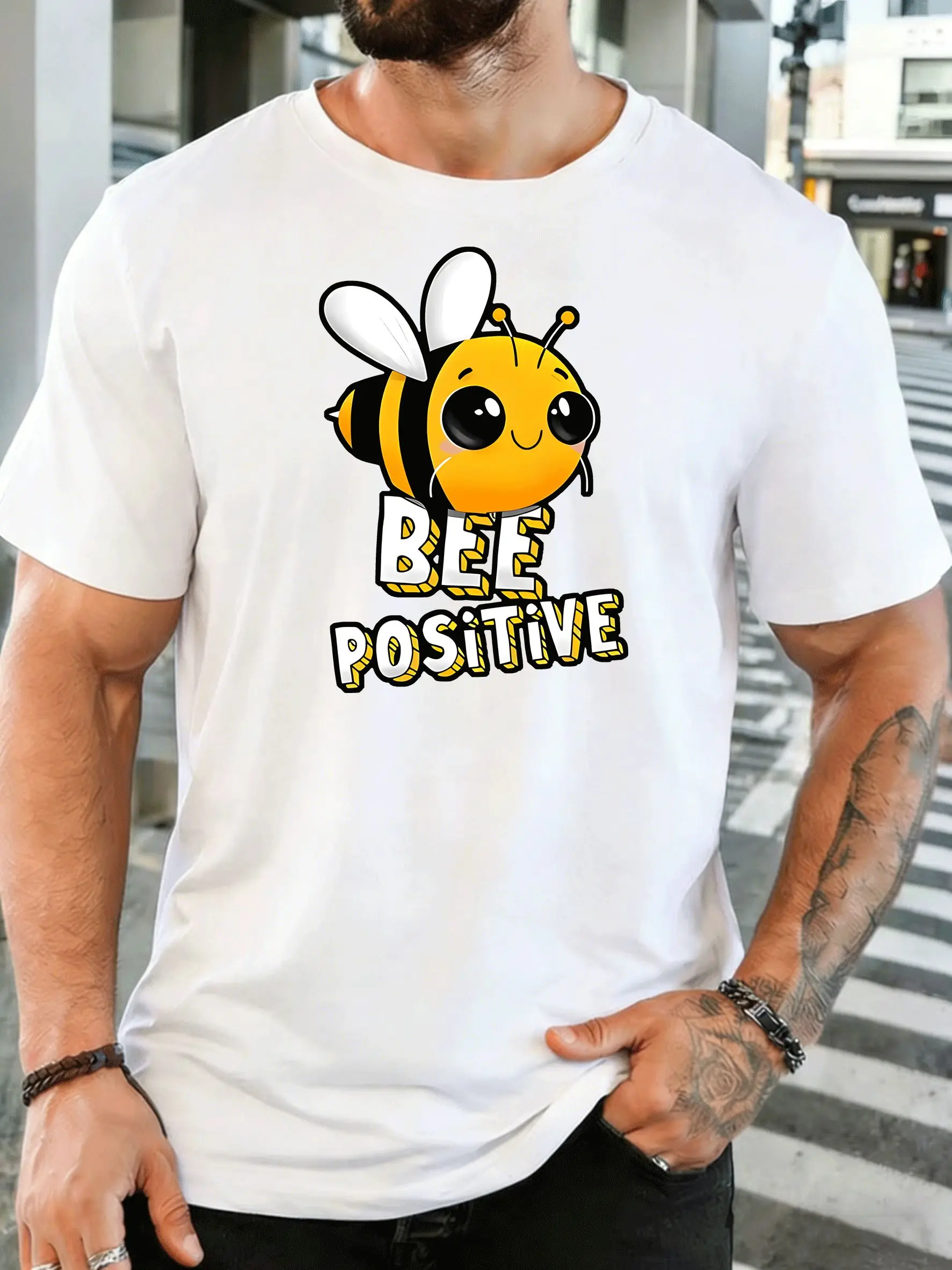 Cute Bee Bee Positive Quote Mens Print T Shirt Happy Cartoon Insect Graphic Tee Casual Short Sleeve Top Positive Vibe Lover Gift