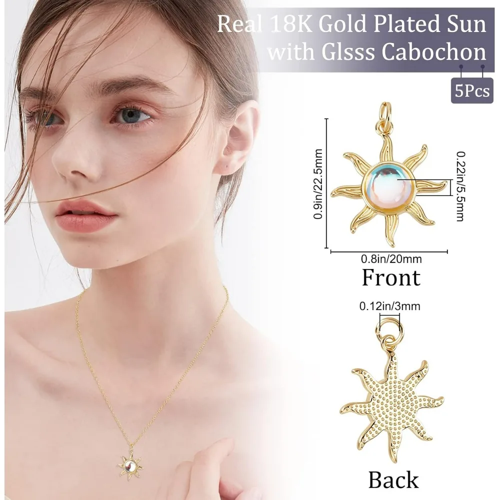 1 Box 5Pcs Sun Charms 18K Gold Plated Cat's Eye Glass Celestial Charm Pendants for Jewelry Making Bracelet Necklace Earring