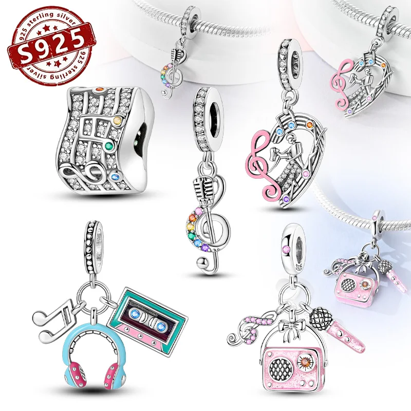 New 925 Sterling Silver Music Series Note microphone Headphones pendant Charms Beads Fit Original Bracelets DIY Jewelry Gift