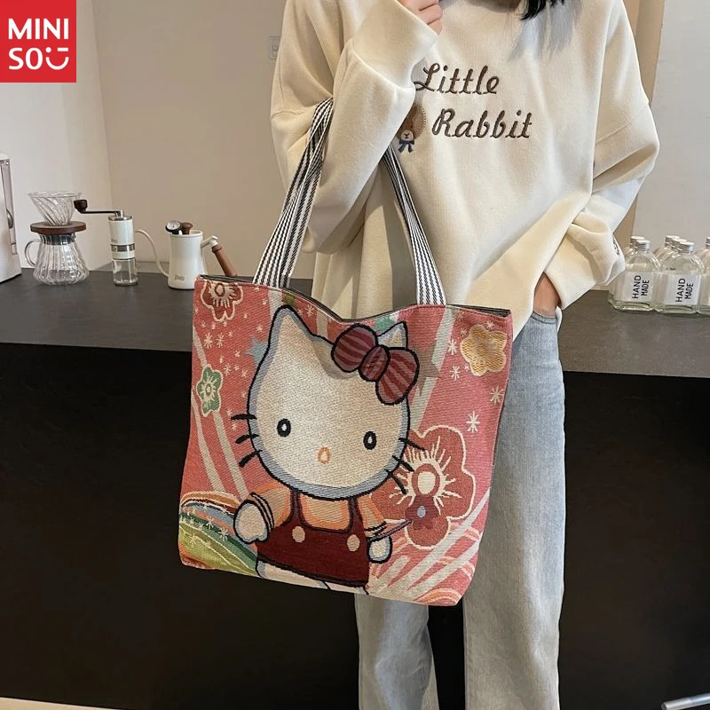 Miniso Embroidered Tote Bag, Large Student Commuter, Knit Shoulder Purse