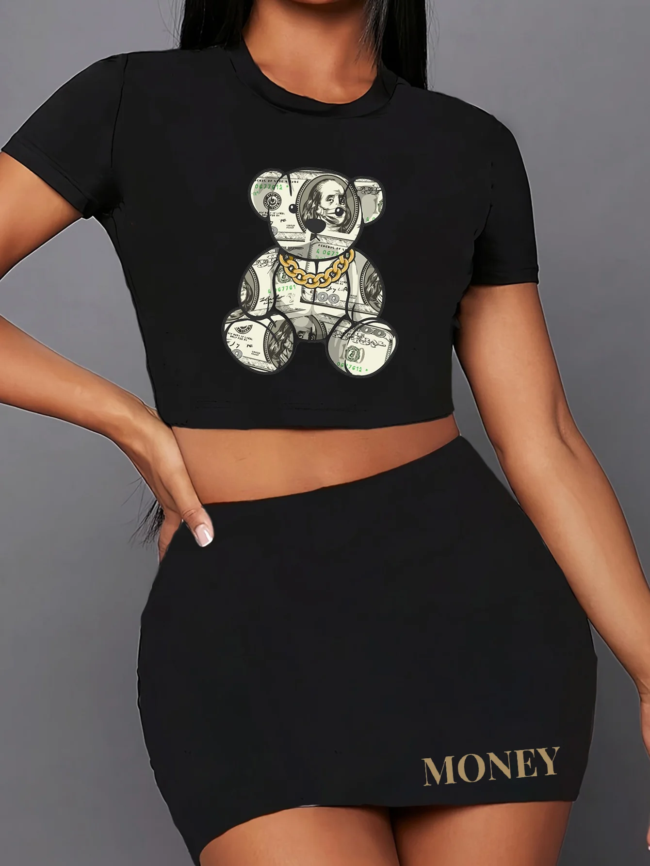 money bear graphic print two piece set, short sleeve round neck t-shirt & skirts, women's clothing