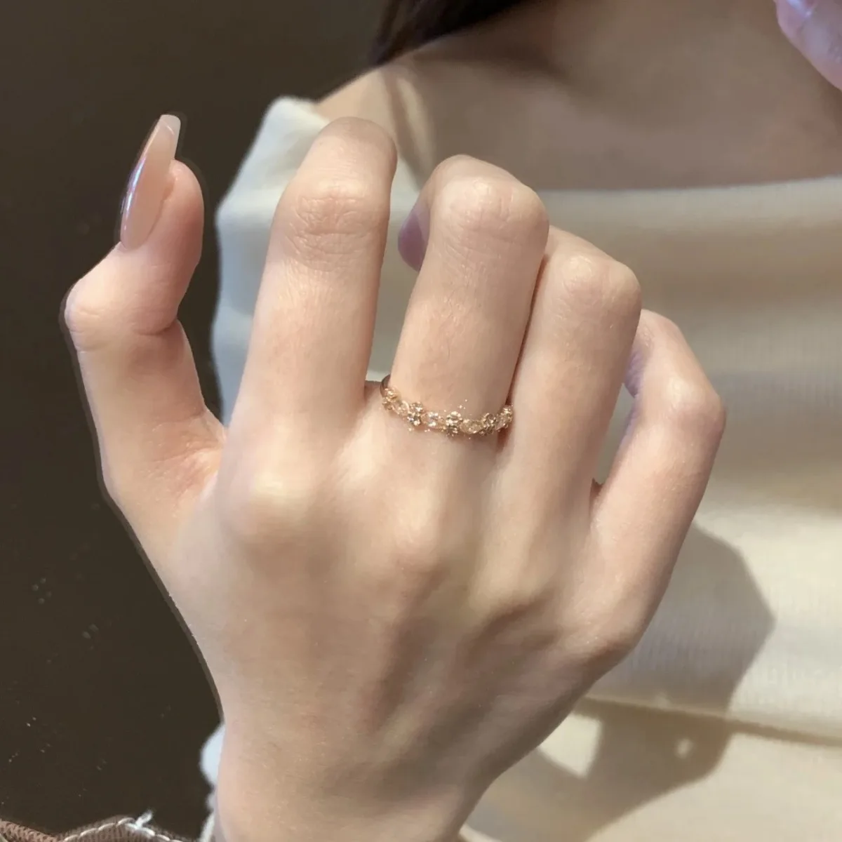New Lavender Monet Rose Gold Pink Diamond Ring for Women Sweet Shiny Adjustable Band Luxury Minimalist Elegant Jewelry