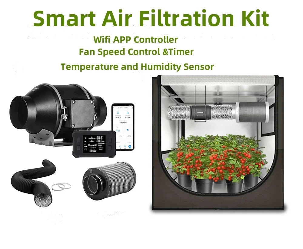 Low Noise 4 6 8 Inches  WIFI APP Controller Smart Ventilation Exhaust Fan Carbon Filter for Hydroponics Grow Indoor Tent