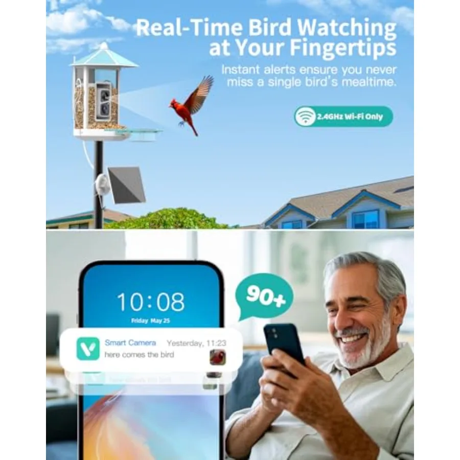 Smart Bird Feeder with Camera, Solar Powered, 74.5 Inch Pole: Durable ABS Plastic, Matte Black, Real-Time HD Video Weatherproof