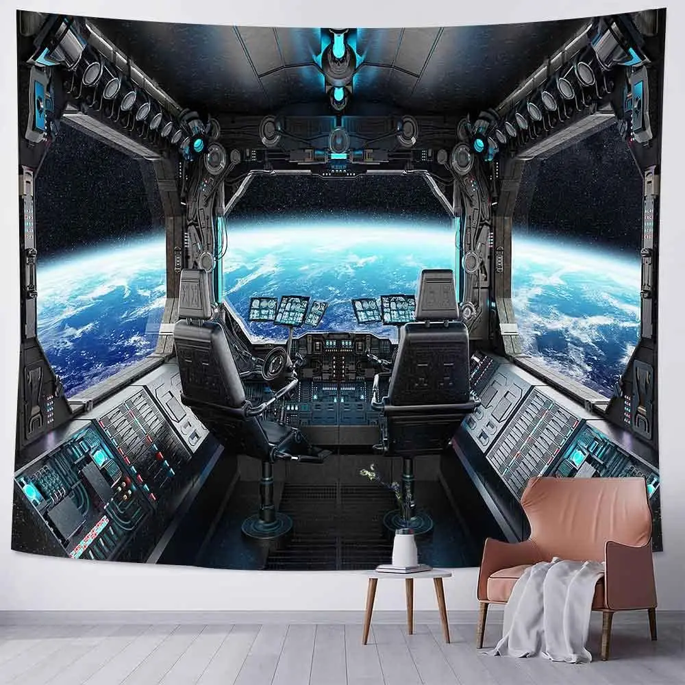 Space Station Tapestry Spaceship Window View Cosmic Backdrop Flannel Wall Art for Living Room Bedroom Dorm Decor